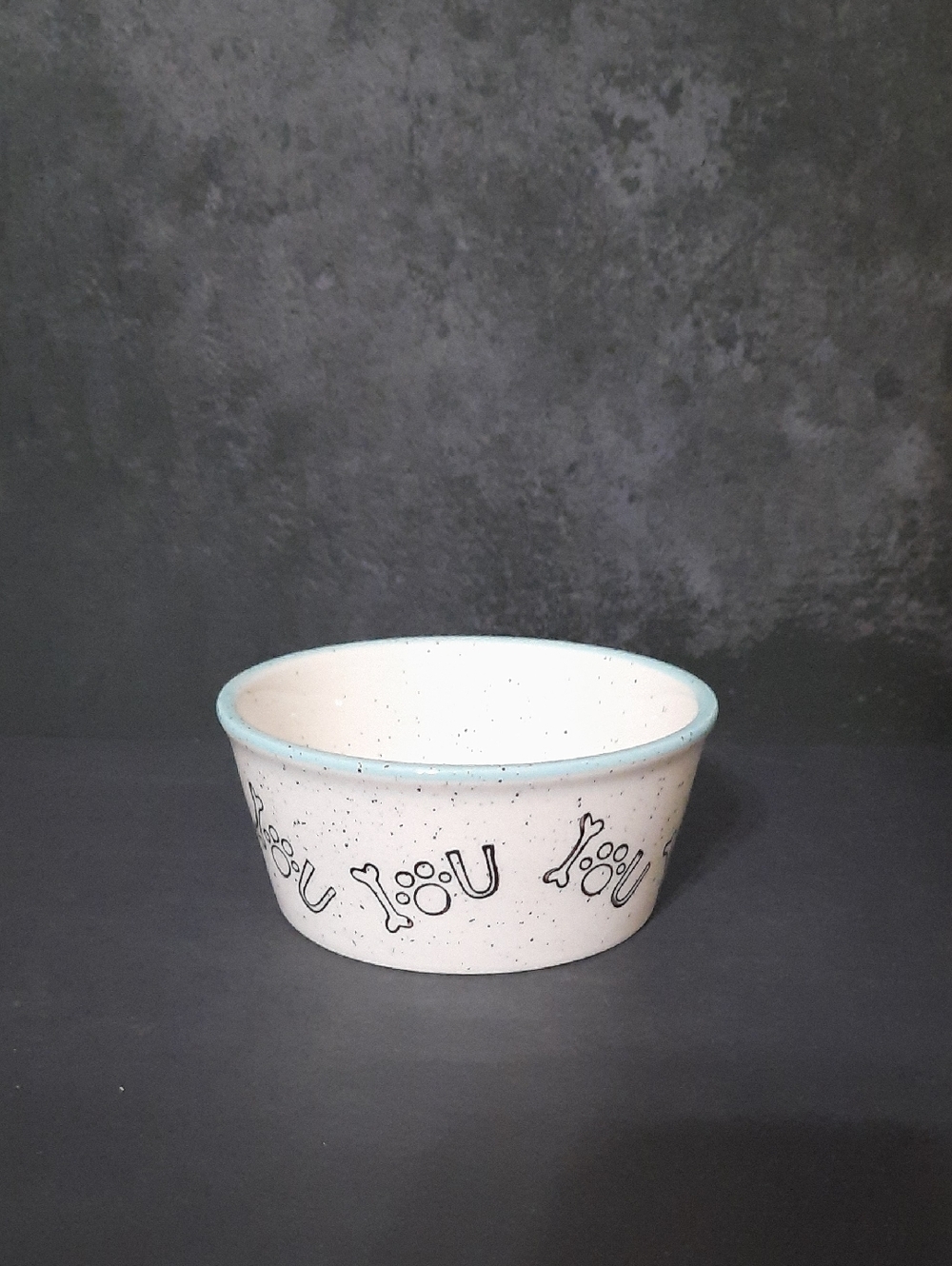 Pacifica White Speckled Ceramic Pet Bowl with Light Blue Rim